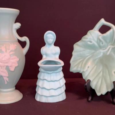 Weller Pottery Mint Green Cameo Vase, Southern Belle Planter & Lead Shaped Dish