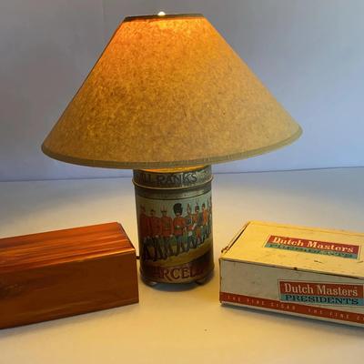 Cigar Collectibles: Lamp With Cigar Can Base, Vintage Cigar Box, & Wooden Box