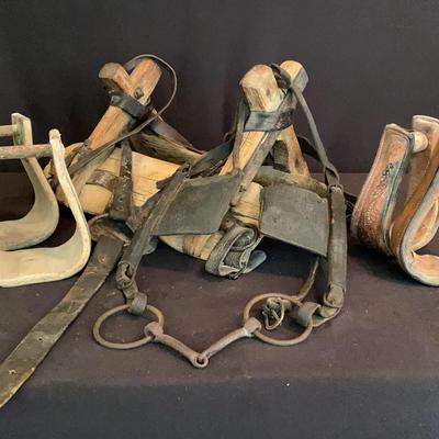 Antique Pack Saddle, Bridle, Pair If Wood/Metal Stirrups, Pair Of Leather Stirrups