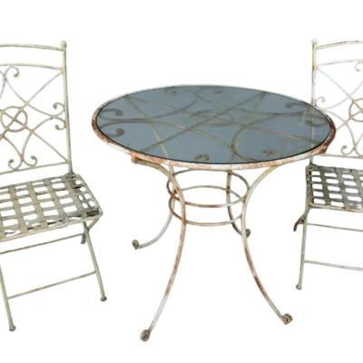 Rustic, off-white metal, patio table & chairs
