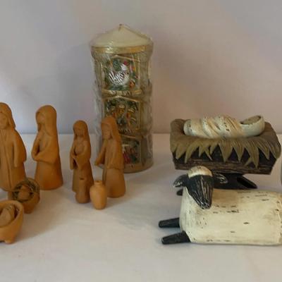 Twelve Days Of Christmas Candle, Department 56 Manger Set & C. Howell Terra Cotta Nativity