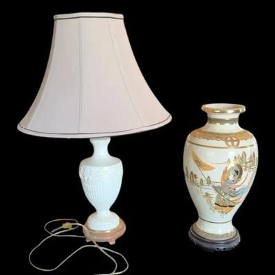 White, ceramic Lamp and hand painted Japanese vase