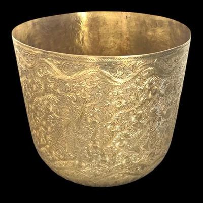 Hand-Engraved Indian Brass Jardinière or Cachepot