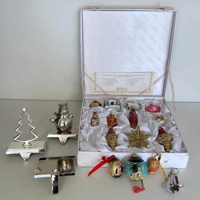 Old World Christmas Ornanent Set, Unique Ornaments And Silver Stocking Hangers
