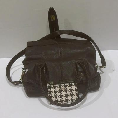 Kate Spade Brown Leather Tote Purse And HoundsTooth Credit Card Holder