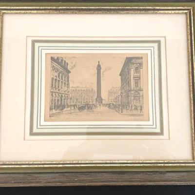 Framed black and white etching of the Place Vendôme in Paris, France.