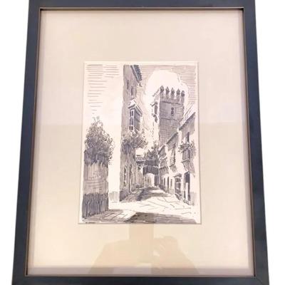 Pen & Ink Drawing Of Street Scene Most Likely In Europe