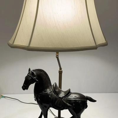 Vintage Metal Horse Table Lamp W/ Brass Lamp Shade Holder