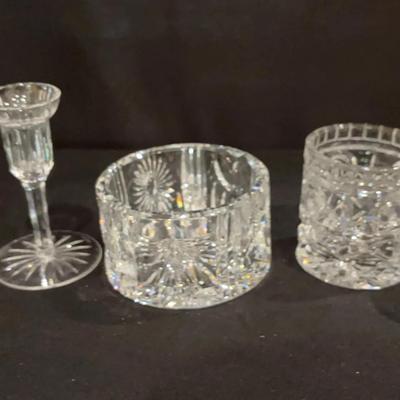 Waterford Crystal Champagne Coaster & Candlestick Holders & Crystal Cut Candy Dish/Jar