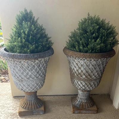 Pair Of Lightweight Urethane Foam Weathered Look Urns With Artificial Cedar Trees
