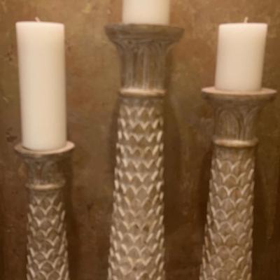 whitewash wood pillar candle holder with a carved Egg