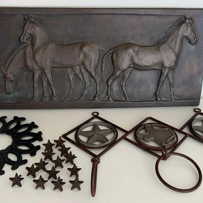 Western Theme Decor Galore - Metal Horse Art, Horseshoe Wreath, Texas Hooks And Star Drawer Pulls