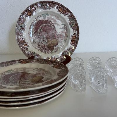 Johnson Brothers "Autumn Monarch" Salad Plates & Vintage Glass Turkey Candle Holders