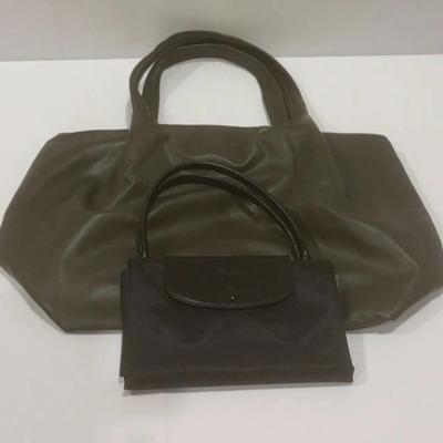 Neiman Marcus, Green Leather Purse And Black Canvas Tote
