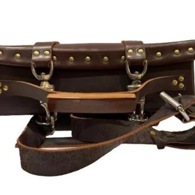 Handmade leather briefcase with brass studs With A Wooden Handle