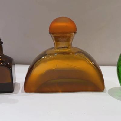 Vintage Amber Glass Decanter Bottle Cork Stopper Large Heavy Made in Spain, Dark Olive & Emerald