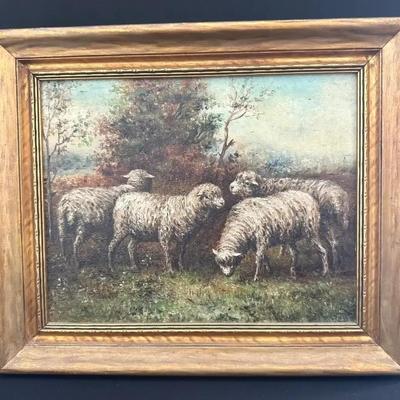 Framed Oil Painting Of A Flock Of Sheep