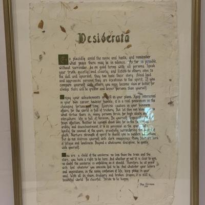 framed copy of the prose poem "Desiderata" by Max Ehrmann.