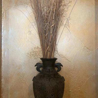 Large Takaoka Copperware “Like” Bronze Vase W/Dried Grass