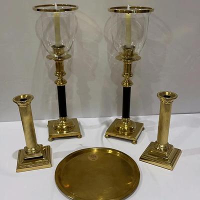 Vintage Candlestick Holders & Brass Server Tray