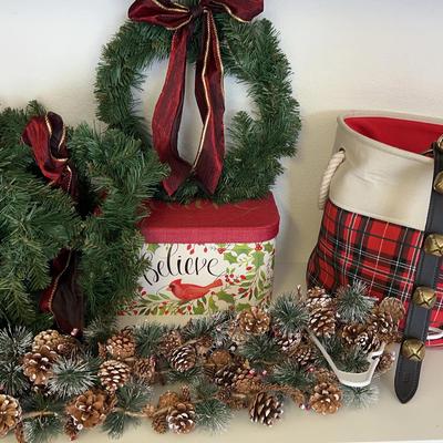 Christmas Decor Including Wreaths, Garland, Bells, Plaid Bin And Ashland Believe Box