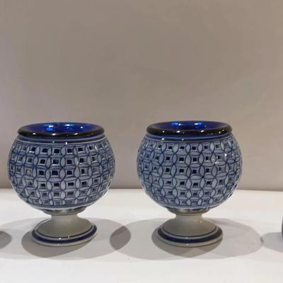 Vintage Chinese Ceramic Lattice Vases & Cobalt blue glass bottles w/ Lights Inside Bottles