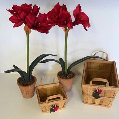 Set Of Pottery Barn Potted Red Amaryllis Artificial Plants & Set Of Woven Woodchip Baskets