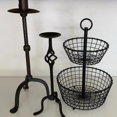 2 Wrought Iron Candle stands & 2 Tier Metal Wire Fruit Basket
