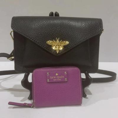 Vera Pelle Pebbled Black Leather Mini Bag made in Italy Bumble Bee clasp And Kate Spade Wallet