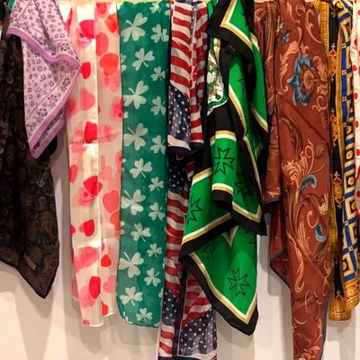 An Assortment Of Scarves, Some Designer Names, Coach, Tiffany, Dior, And Others