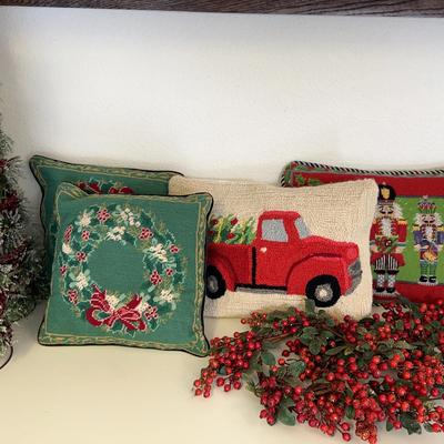 Holiday Decor - Needlepoint Pillows, Berry Wreaths & Frosted Tabletop Trees