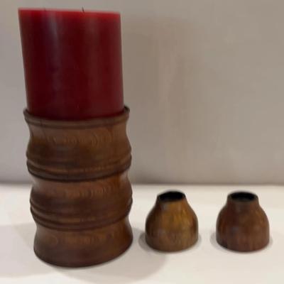 Solid Wood Large Candlestick Holder & Hand  Carved Small Set Of 2