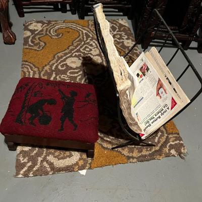 Antique Needlepoint Stool and Wrought Iron Magazine Rack