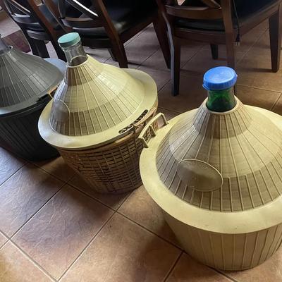 Four Large Glass Italian Wine Making Jugs With Plastic Fermentation Covers