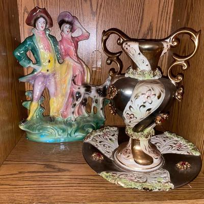 Two Large Ceramic Figurine And Vase With Underplate