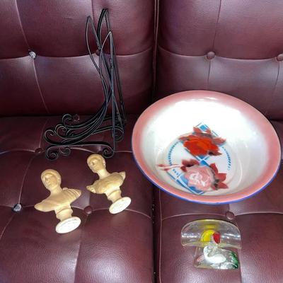 Lot Of Decor With Enamel Bowl, Busts, Glass Bird Holder And Plate Displays