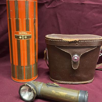 Vintage Binoculars, Flashlight, Thermos