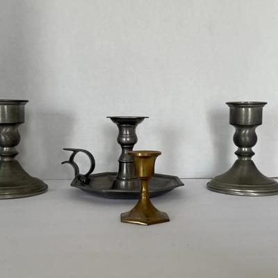 Pewter And Brass Candlesticks