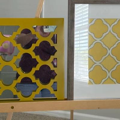Yellow Geometric shaped Metal Mirror And Print