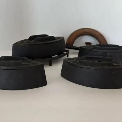 4 Vintage Irons With Stand And Handle
