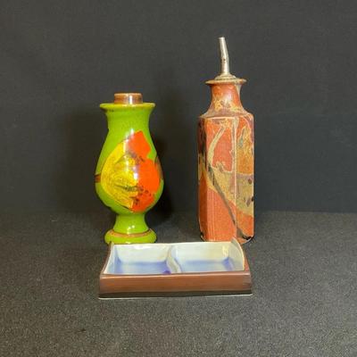 Ceramic Cruet, Candleholder, And Dish