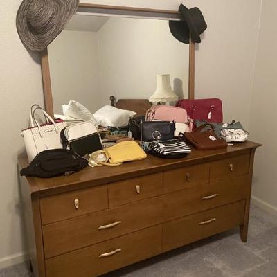 Sale Photo Thumbnail #9: Vintage Drexel dresser with mirror.  Has matching chest of drawers and nightstand. 
Also shown: purses