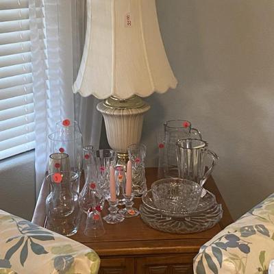 Sale Photo Thumbnail #14: Vintage Square end table with storage.  Has matching hexagon table. 
Also shown: lamp, crystal items