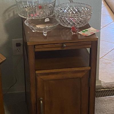 Sale Photo Thumbnail #15: Tall chair-side table with storage. 
Also shown: crystal bowls