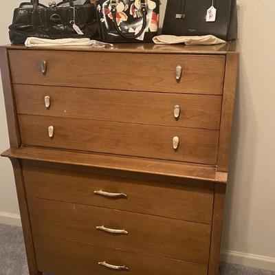 Sale Photo Thumbnail #8: Vintage Drexel chest of drawers.  Had matching nightstand,  dresser with mirror. 
Also shown: purses 