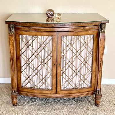  Sophisticated 1950s W. & J. Sloane Cabinet with Two Brass Lattice Doors and a pull-out leather top shelf