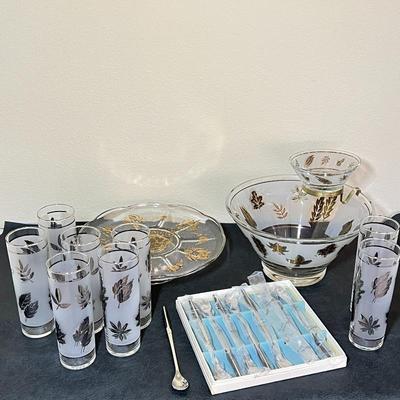 Vintage Libbey Golden Foliage chip and dip set, Drinking Glass Set, Eldan Ice Tea Spoon, Sonata Cake Stand