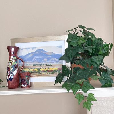 Framed Landscape Print in Silver Metallic Frame, Decorative Vase and Matching Small Cup Set- Artificial Ivy Plant