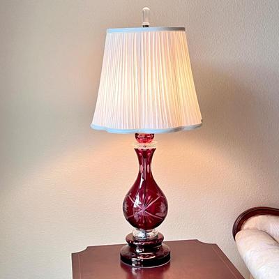 Antique Czech Republic Bohemian Cut to Clear Etched Floral Cranberry Glass Table Lamp with Cream Pleated Shade