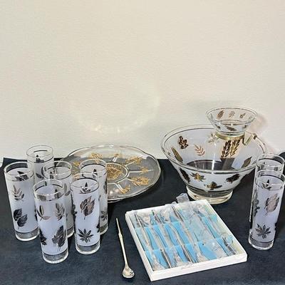 Vintage Libbey Golden Foliage chip and dip set, Drinking Glass Set, Eldan Ice Tea Spoon, Sonata Cake Stand